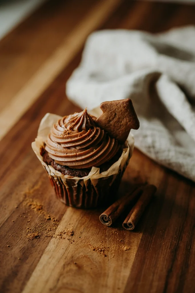 Gingerbread spice cupcake topped with molasses buttercream swirl
