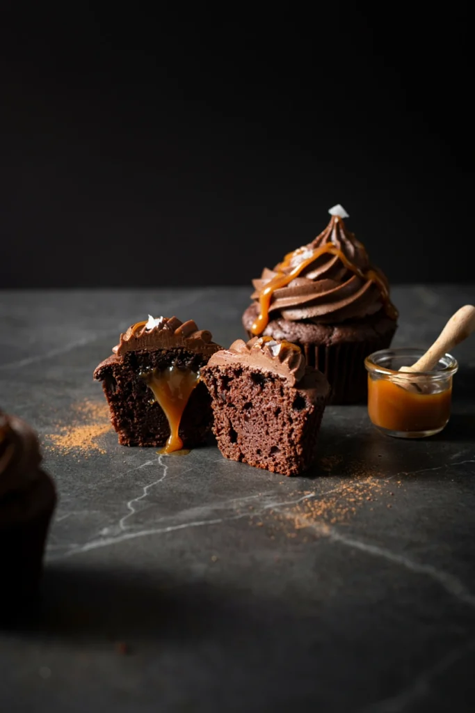 Dark chocolate cupcake with a caramel-filled center, topped with chocolate frosting, caramel drizzle, and flaky sea salt