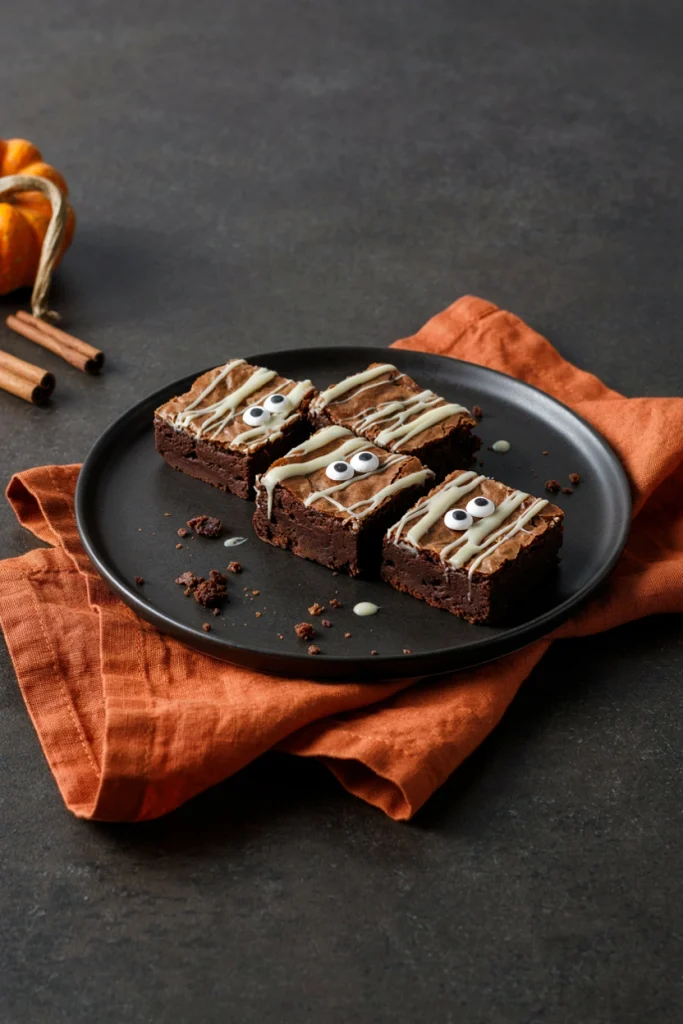 Square fudgy brownies wrapped in wavy white chocolate stripes with candy eyes peeking through