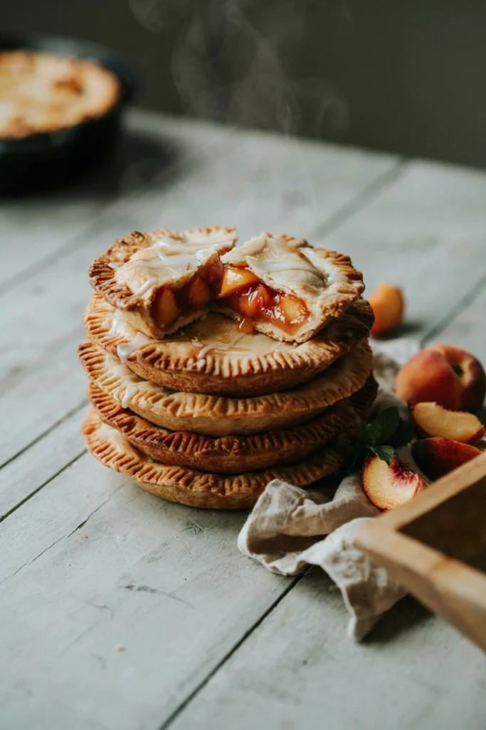 Stack of golden hand-held peach pies with a vanilla glaze drizzle