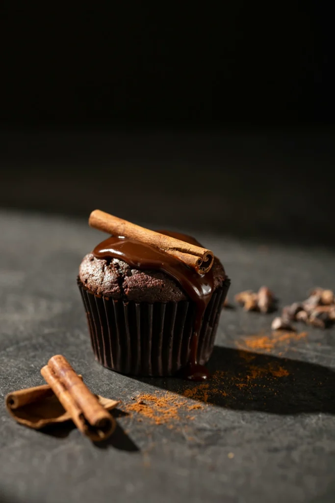 Spiced chocolate cupcake topped with glossy cinnamon chocolate ganache