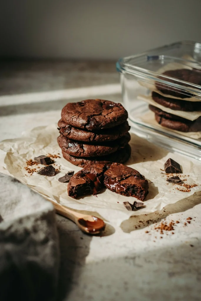 Fudgy double chocolate cookies with one broken open next to a stack ready for the freezer