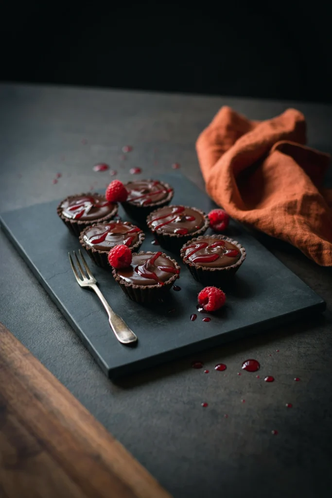 Mini chocolate tart shells filled with dark ganache and a raspberry sauce drip resembling blood