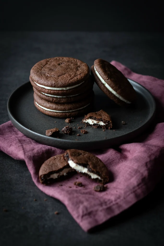 Jet black homemade sandwich cookies with white cream filling, styled like an oversized Oreo