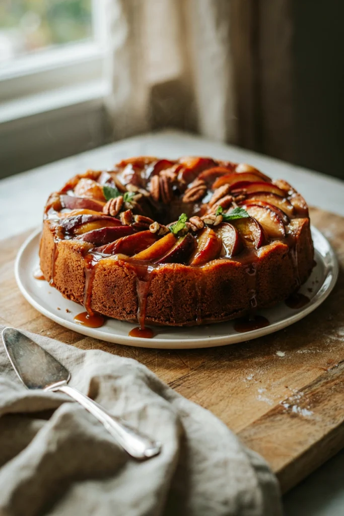 Caramelized peach upside-down cake flipped onto a plate with glossy peach halves