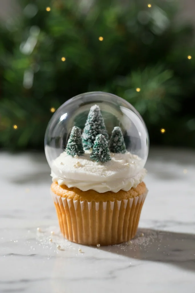 Cupcake with a clear round dome placed over a small figurine on frosted snow, with sanding sugar sprinkled around the base