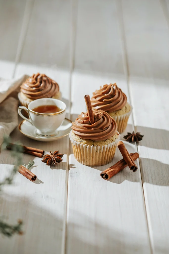 Warm beige-toned chai spice cupcake with a swirl of cinnamon frosting and a cinnamon stick garnish