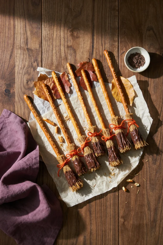Pretzel rods dipped in chocolate with shredded wheat cereal bristles, tied with orange ribbon, styled as brooms