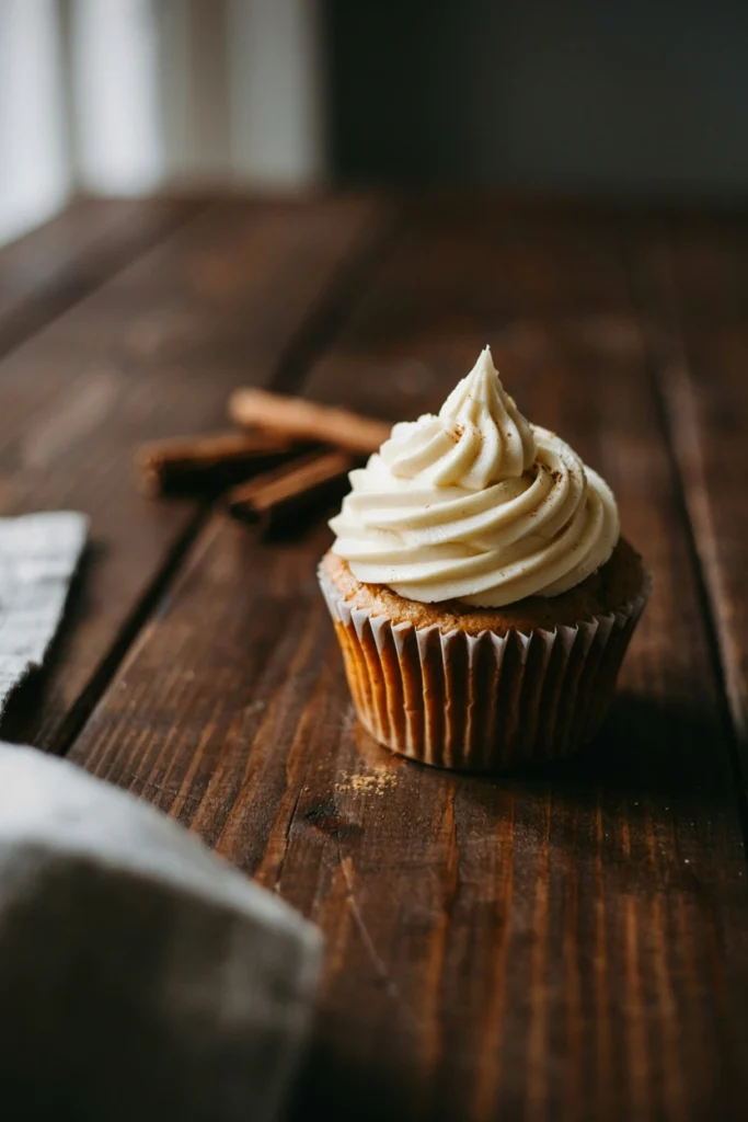 Pumpkin spice cupcake topped with a swirl of cream cheese frosting and a dusting of cinnamon