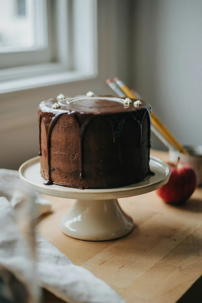 Chocolate chalkboard drip cake with white buttercream chalk-style lettering for back to school