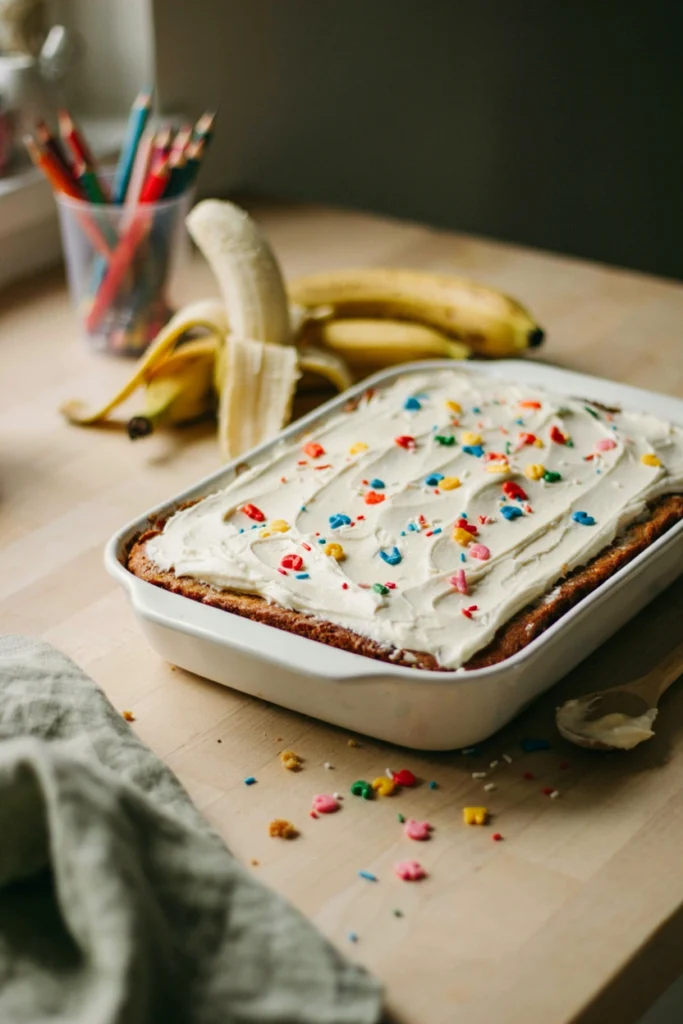 Banana sheet cake with cream cheese frosting decorated with alphabet letters
