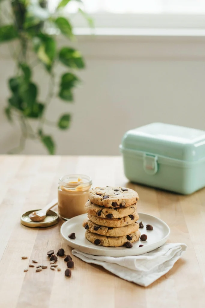Nut-free sunflower seed butter chocolate chip cookies on a plate with a jar of sunflower seed butter