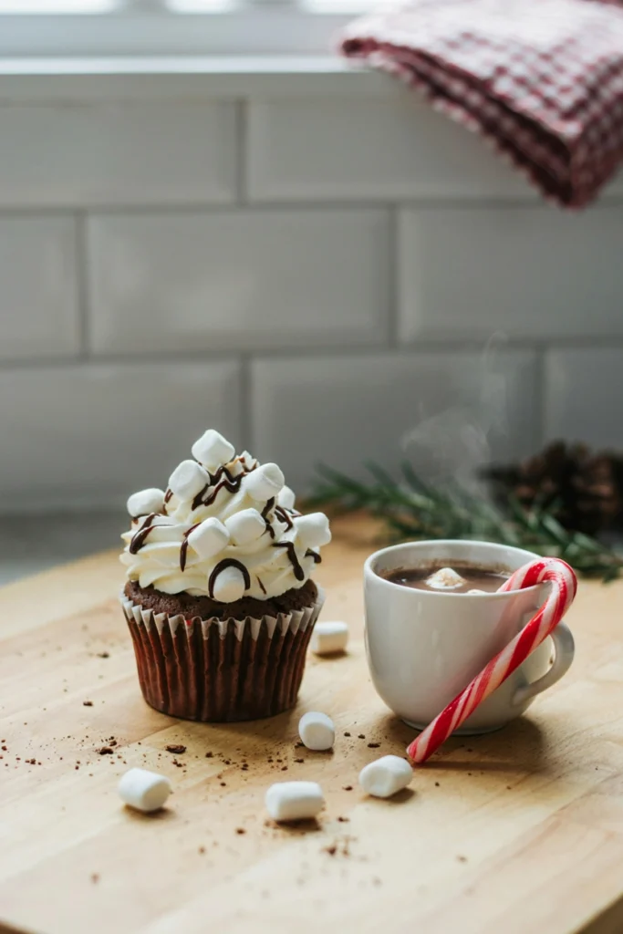 Chocolate cupcake topped with whipped-cream-style frosting, mini marshmallows, and a chocolate syrup drizzle in a mug-shaped wrapper
