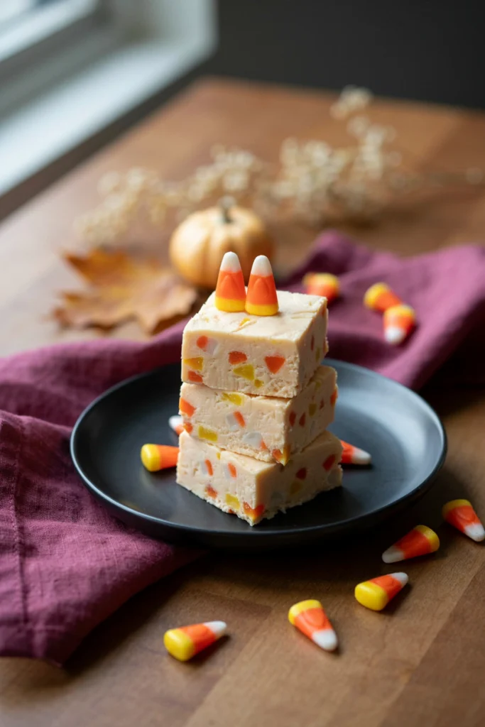Creamy orange and yellow marshmallow fudge studded with candy corn pieces, cut into squares