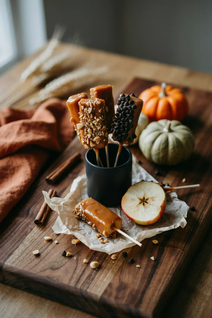 Small caramel-dipped apple pieces on sticks, rolled in crushed nuts and mini chocolate chips