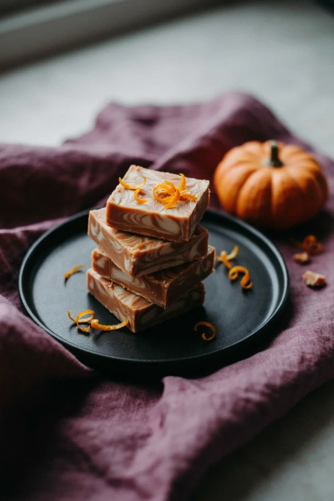 Two-toned orange and white fudge squares with a marbled swirl pattern