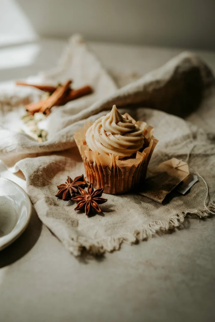 Chai spice cupcake with honey buttercream swirl and a dusting of cinnamon