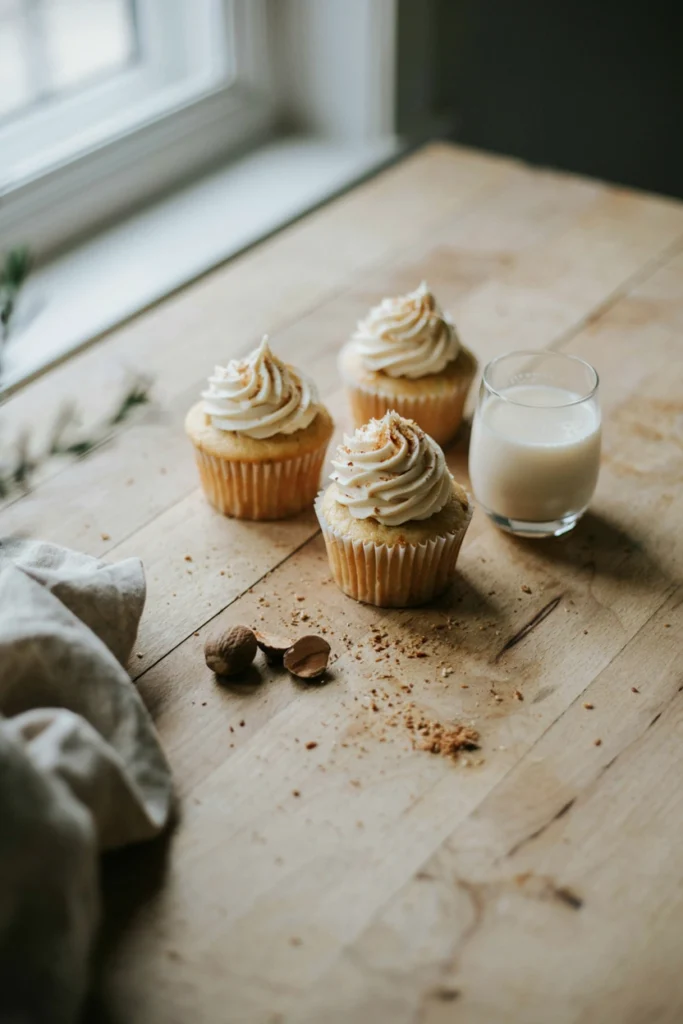 Pale golden cupcake topped with pale yellow frosting, dusted with fresh grated nutmeg, on a rustic wooden board