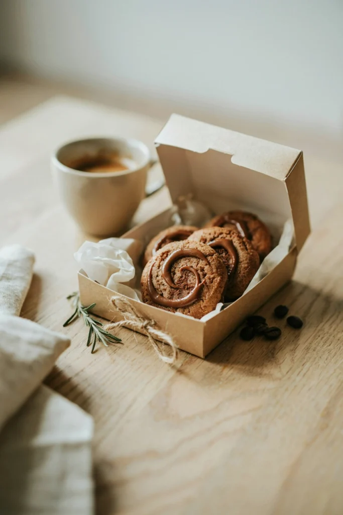 Espresso glazed latte cookies packaged in a kraft paper gift box for teacher appreciation