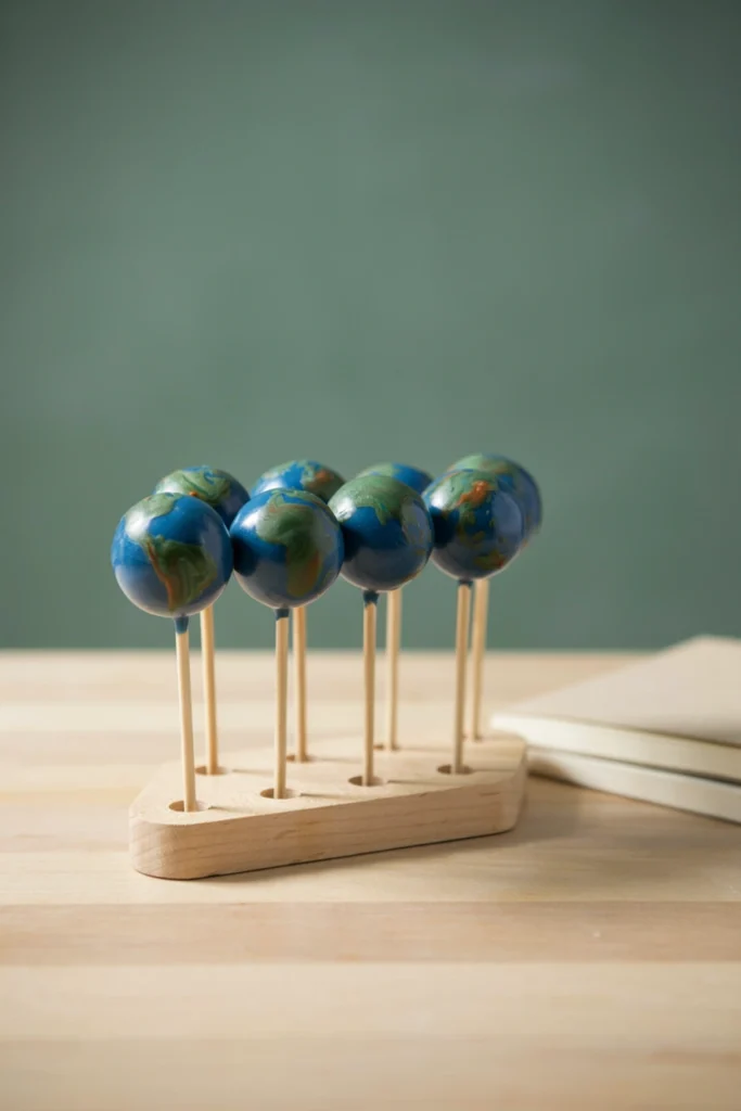 Blue cake pop marbled with green continents styled as a mini globe