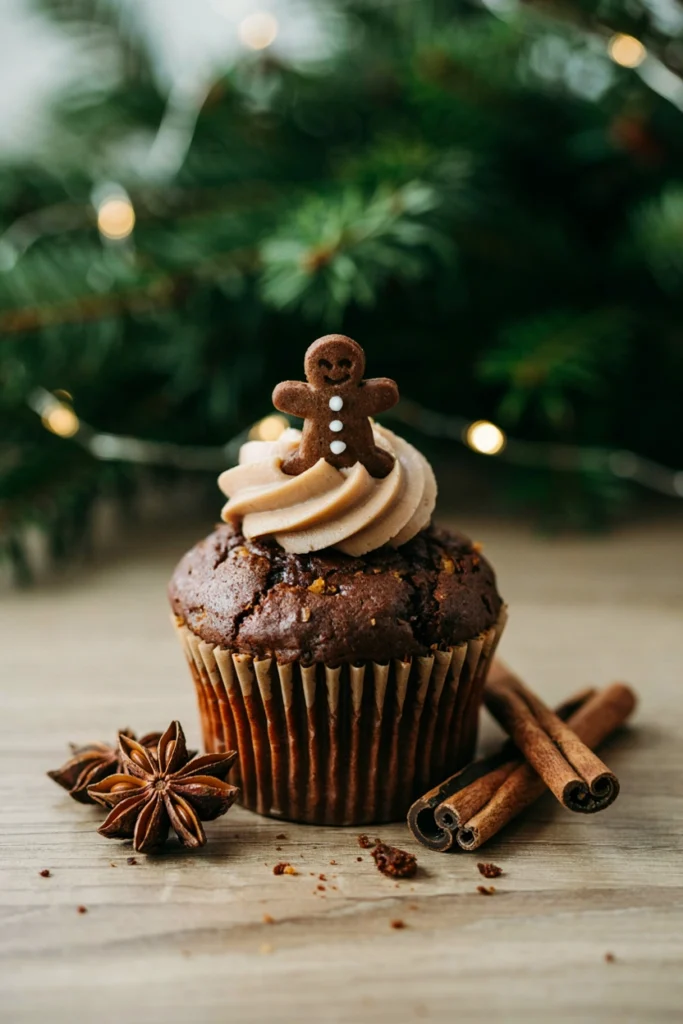Dark, deeply spiced gingerbread cupcake topped with pale tan molasses buttercream and a small gingerbread man cookie