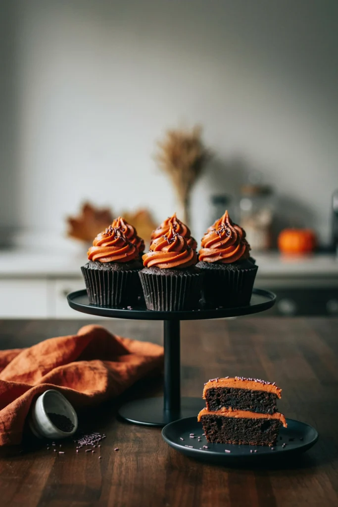 Jet black cupcakes topped with swirled orange cream cheese frosting