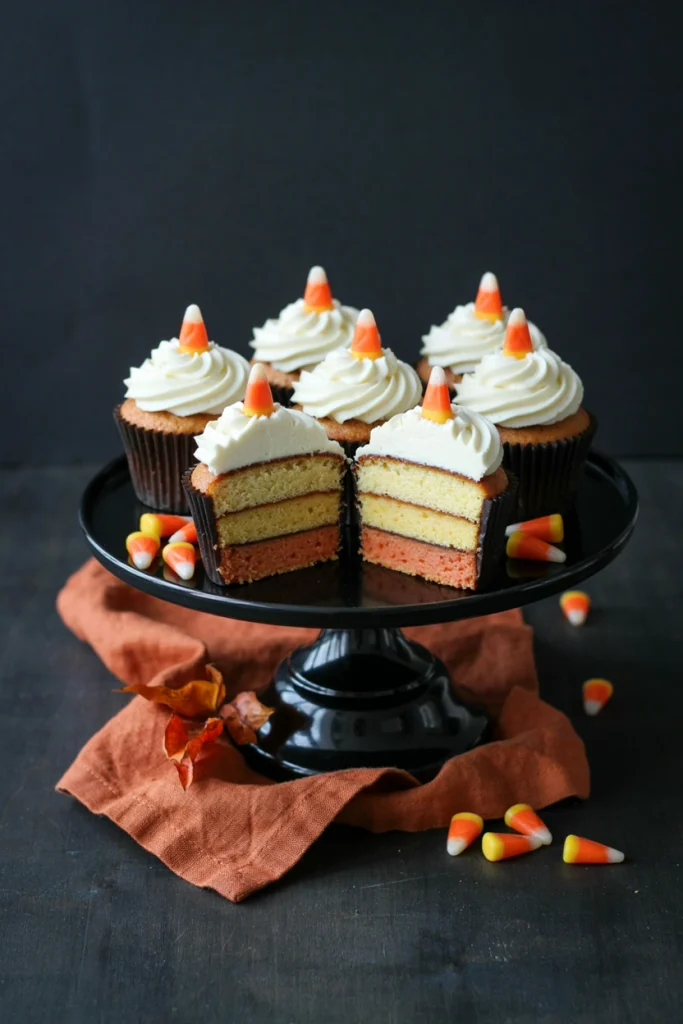Cupcakes with visible orange, yellow, and white cake layers inside, topped with white frosting and a candy corn
