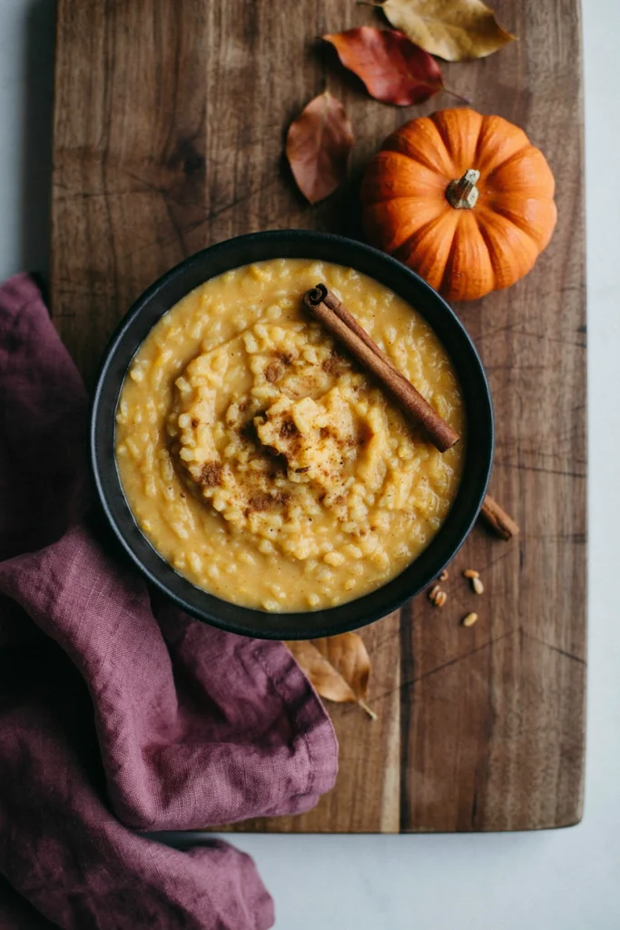 A bowl of creamy pumpkin rice pudding topped with cinnamon and a cinnamon stick garnish