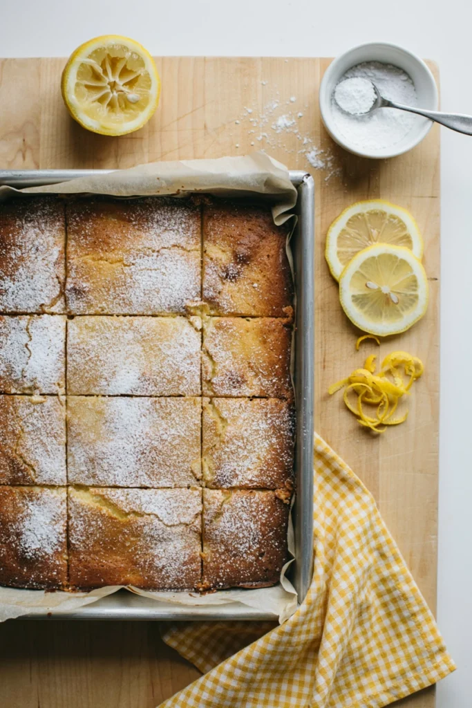 Gluten-free lemon snack cake dusted with powdered sugar and cut into squares
