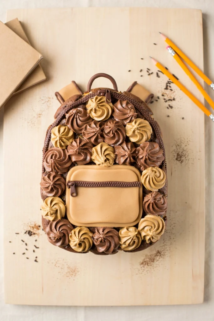 Peanut butter cupcake cake arranged into a backpack shape with chocolate zipper details