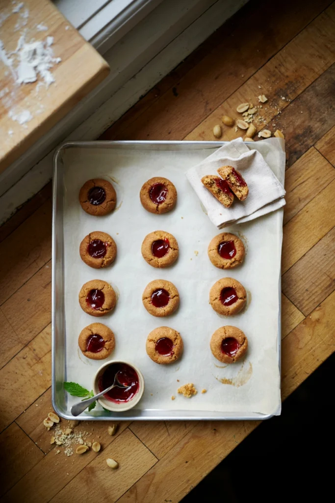 Overhead view of peanut butter thumbprint cookies filled with strawberry jam