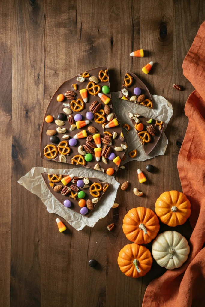 A large sheet of chocolate bark studded with pretzels, candy corn, nuts, and Halloween M&Ms, broken into rustic shards