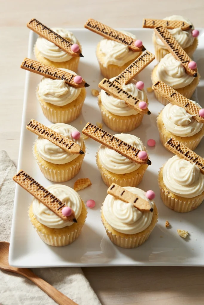 Brown sugar cupcake topped with a tan fondant strip scored with tick marks like a wooden ruler