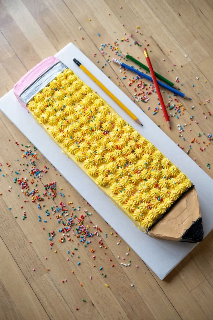 Funfetti layer cake frosted in bright stripes to look like a zippered pencil case