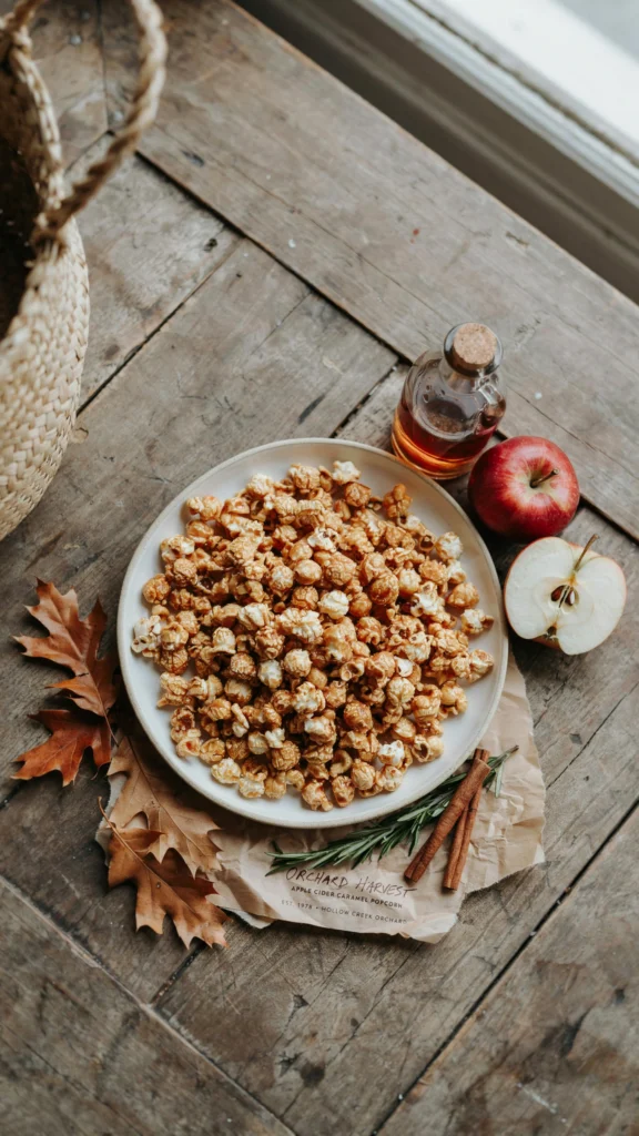 Bowl of glossy apple cider caramel popcorn with cinnamon