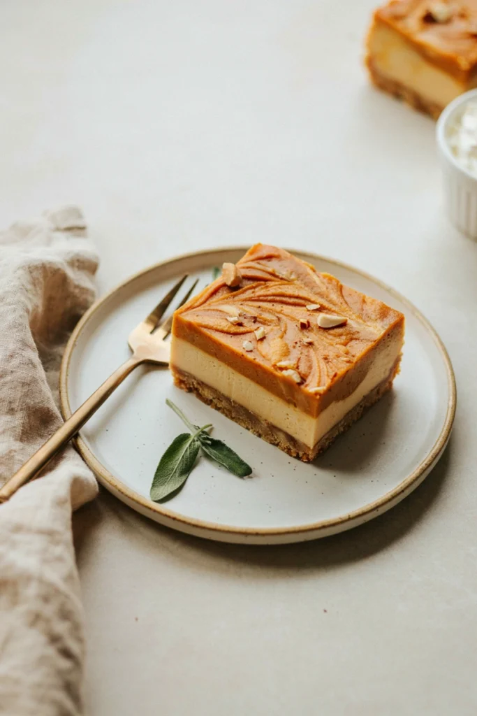 Cut square of gluten-free pumpkin cheesecake bar showing swirled pumpkin and cheesecake layers on an almond flour crust