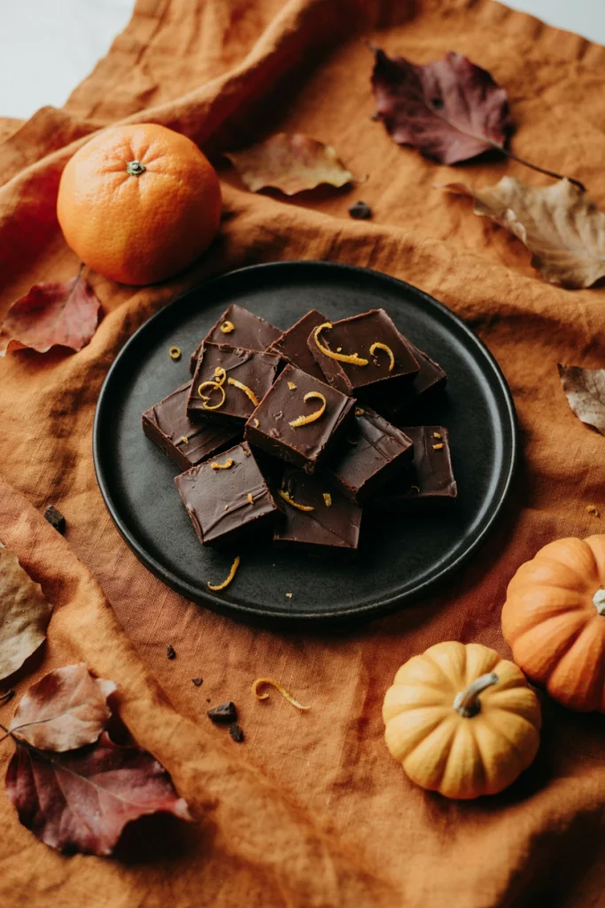 Dark chocolate orange fudge squares dusted with orange zest on a black plate
