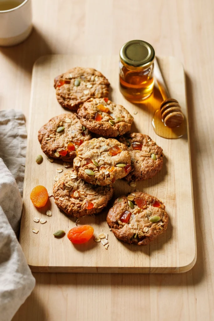 Honey oat breakfast cookies with dried fruit and pumpkin seeds on a wooden board