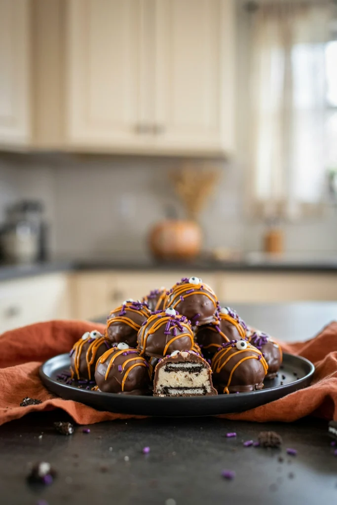 Chocolate-dipped Oreo truffles with orange candy melt drizzle and purple sprinkles, one cut in half showing the fudgy center