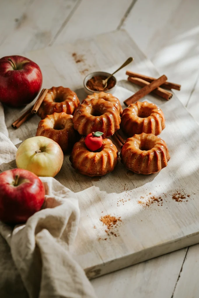 Mini apple cinnamon bundt cakes glazed and topped with a fondant apple