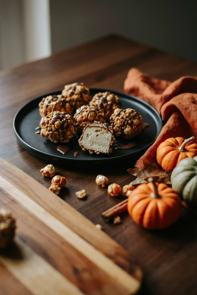 Round cake balls rolled in crushed caramel popcorn, drizzled with chocolate