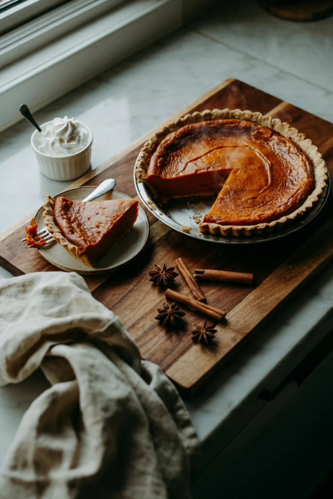 Whole gluten-free sweet potato pie with a fluted crust and one slice removed