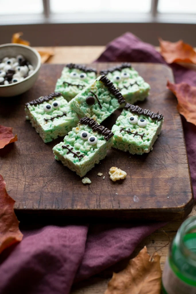 Green-tinted rice krispie treats cut into rectangles with candy eyes and black icing hair