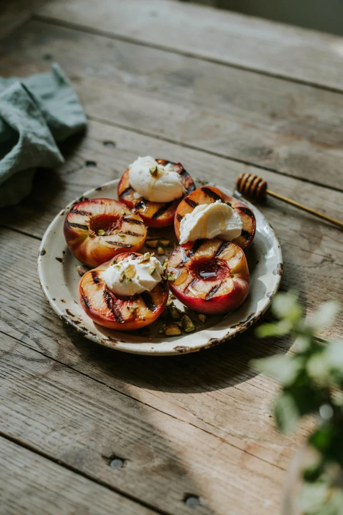 Grilled peach halves topped with mascarpone, honey, and crushed pistachios