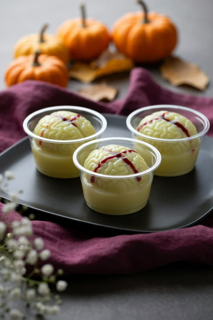 Lime green jiggly jello molded into brain shapes and served in clear cups