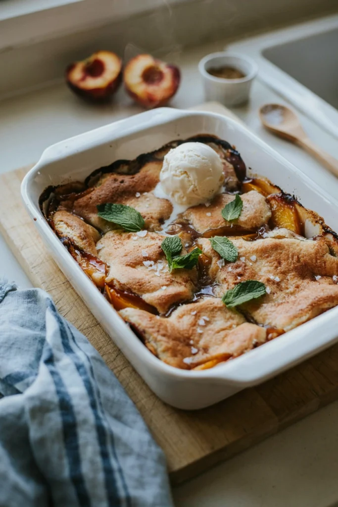 Bubbling peach cobbler with golden biscuit topping in a white baking dish, topped with a scoop of vanilla ice cream