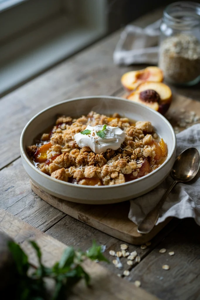 Vegan peach crumble with maple-coconut oat topping in a rustic bowl