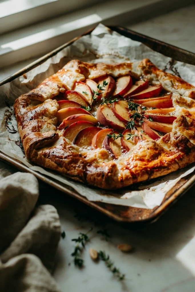 Rustic peach galette with honey glaze and fresh thyme on a baking sheet