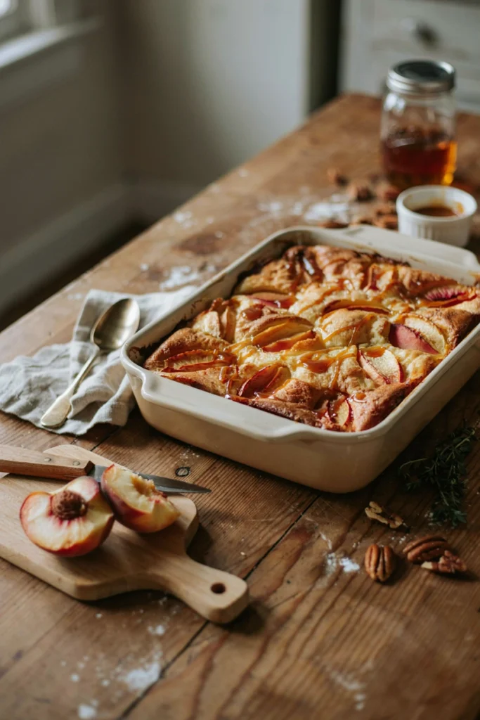 Peach bourbon bread pudding in a baking dish drizzled with caramel sauce