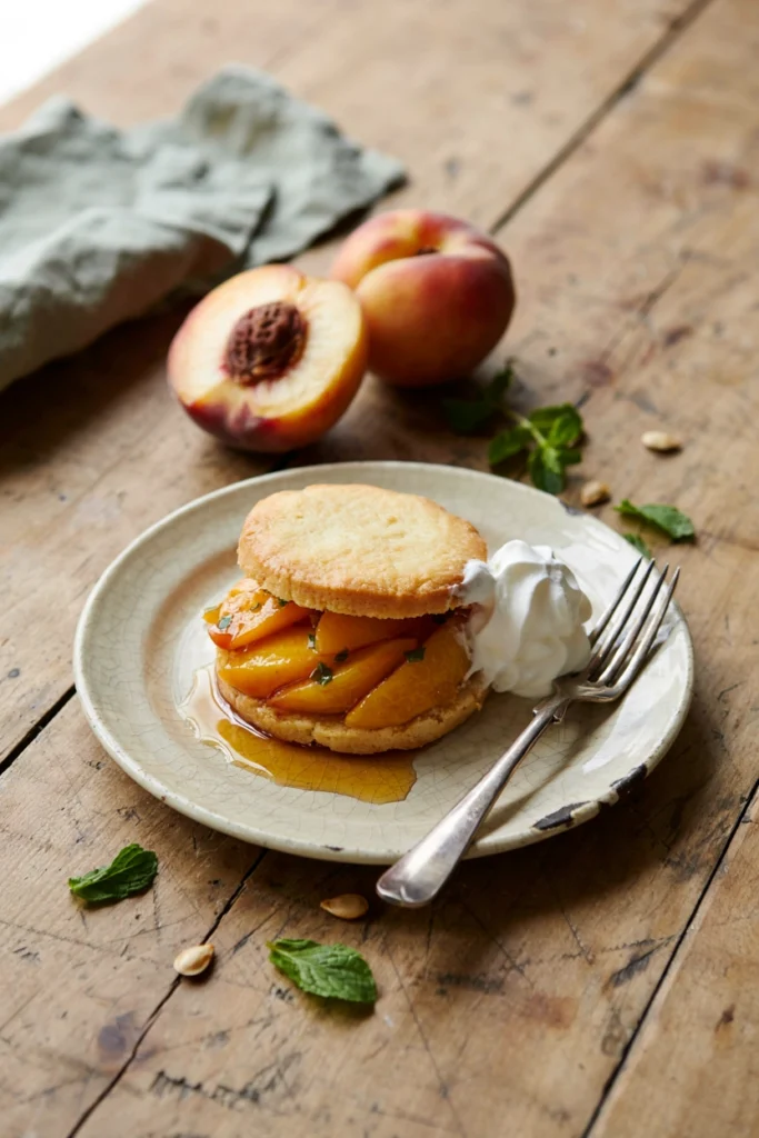 Split peach shortcake biscuits layered with macerated peaches and whipped cream